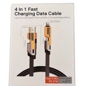 🆕4-in-1 USB TYPEC 6FT Cable 65W Fast Charging Flat Braided Anti-Tangle Universal